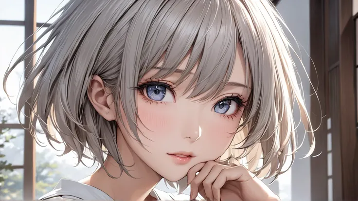 This is a masterpiece. A young Japanese woman, a realistic woman with an anime feel, with a pure and charming vibe. Her hair is short and silver, and she has distinctive eyes similar to Rei Ayanami. She has a clean look and an elegant and mysterious expres...