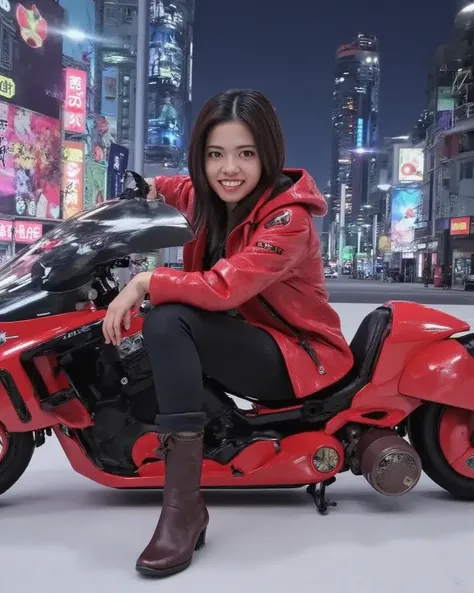 1 girl, Hasegawa Yui, akira bike, masterpiece, excellent quality, Milonish , red leather jacket, A girl riding a red motorcycle, Dynamic Angle , The background is a cyberpunk city,Late Night, Midnight