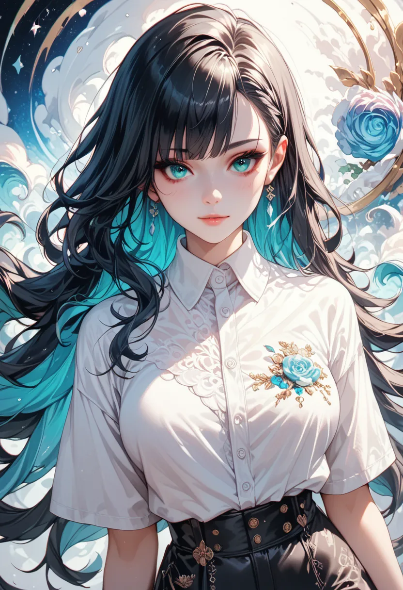 1woman, black hair, white shirts, white iliy, long hair, asymmetrical bangs, rococo style, chromatic aberration, masterpiece, turquoise eyes