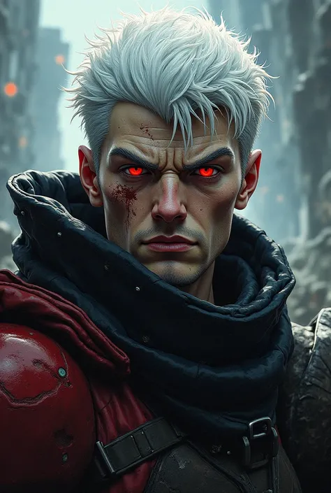 An adult male character from Berserk with white hair and red eyes looking like guts(anime style)