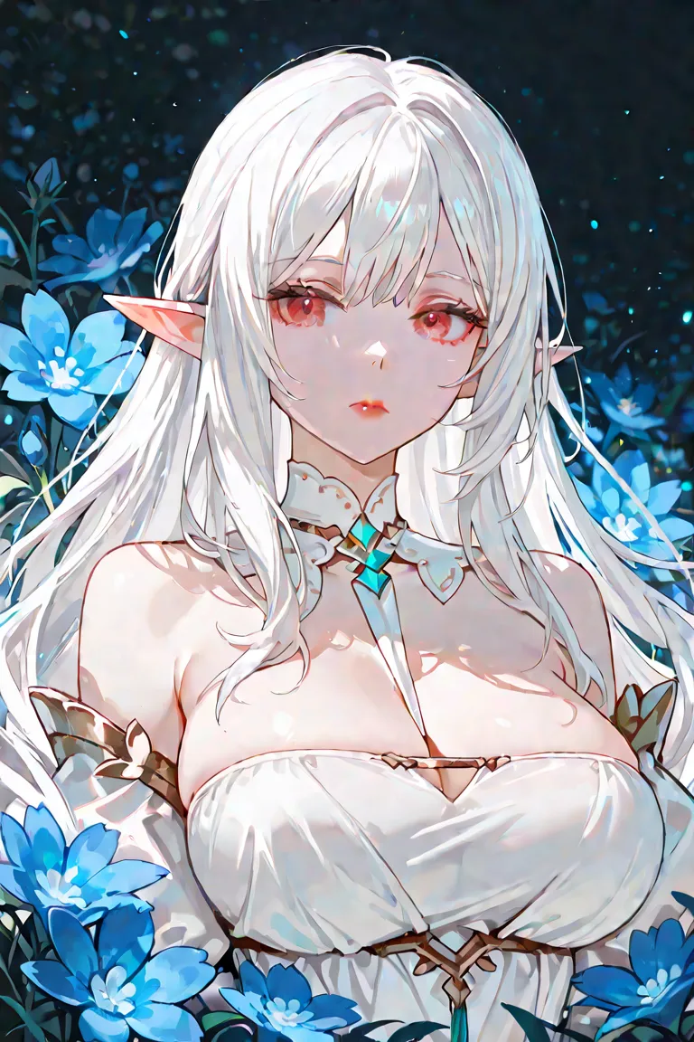 1 elf, White hair, red eyes, elf ears, white dress with bare shoulders and a light neckline , Background of a field of blue flowers,  expressionless face , big breasts,  elf ears, detailed face, red lips.
