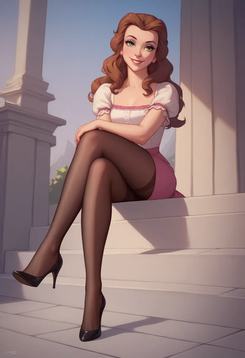 Belle, very tiny miniskirt, barefoot, Black sheer pantyhose,  high heels,  smiling,  sitting crossed legs,  sun shiny day,  no shoes.