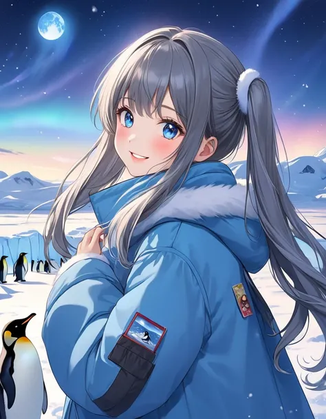  silvery long hair 、beautiful girl with twin tails、smile、Night Sky、 auroras、Antarctic snowfields、There are a lot of penguins、cute penguins and others are gathering around the pretty girl、wearing a blue down coat