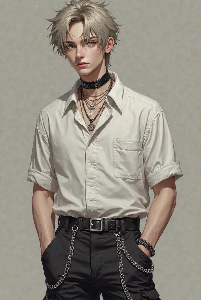 chico, high, for the coffee, pale little, heavenly eyes, white shirt black cargo pants with. chains, pearl necklace accompanied by a choker and boots**
