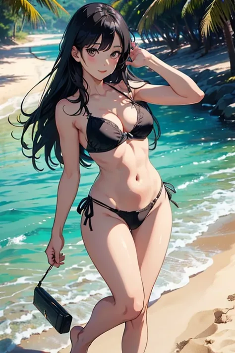 Anime girl, ((Ultra quality)), ((Masterpiece)), Meg, Paperman, (Black and white style), (Black and white film), ((Black, long hair)), (Beautiful cute face), (Beautiful feminine lips), Charming, ((Sexy facial expression)), Standing barefoot on the sand, loo...