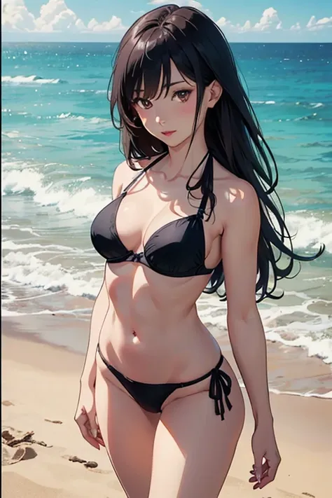 Anime girl, ((Ultra quality)), ((Masterpiece)), Meg, Paperman, (Black and white style), (Black and white film), ((Black, long hair)), (Beautiful cute face), (Beautiful feminine lips), Charming, ((Sexy facial expression)), Standing barefoot on the sand, loo...