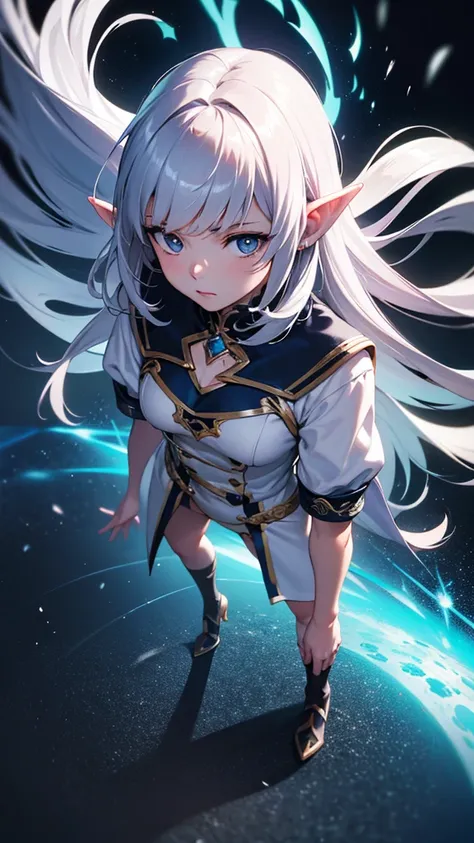 a detailed anime girl with sharp pointed ears, long flowing hair, full body, bangs,blue eyes, viewed from above, hyperrealistic, 8k, best quality, masterpiece, volumetric lighting, vibrant colors, dramatic lighting, intricate details, photorealistic
