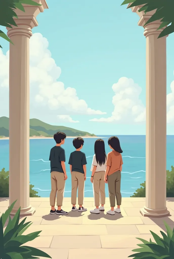 Four columns facing the sea with a flat and young girls and boys wearing beige joggers and black shirts gathered in the middle of the columns 