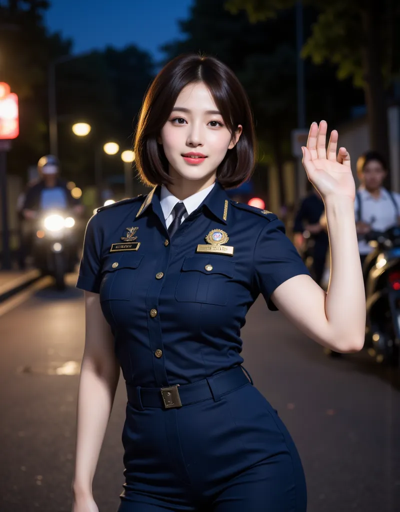 (Super cute busty Korean female police officer waving to the camera:1.2)(smile:1.1)(幸せそうなsmile:1.2)(16k,  RAW photos , highest quality, masterpiece: 1.2),( Cute Bob Cut with Glossy Brown Hair ) Super Detail, super resolution, (Genuine, Genuine photos: 1.37...