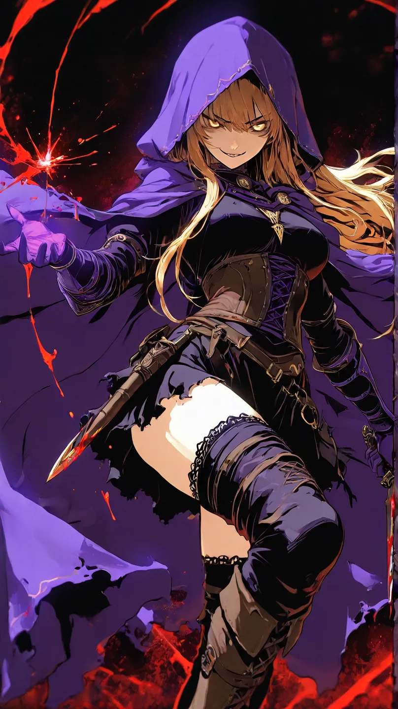  an HD scene female 30 year old with long blond hair and gold eyes wearing medieval purple gauntlets and boots and a black shirt with a purple hood over her face and a long purple ripped cape with a psycho sinister smirk while holding a dagger and covered ...