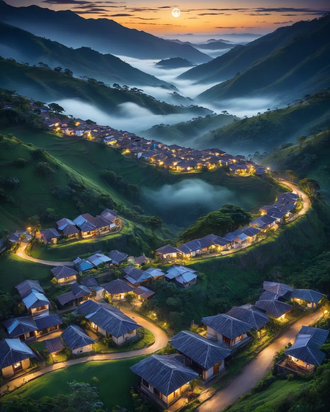 A breathtaking aerial view of a small Brazilian countryside town nestled in the mountains under a brilliant full moon. The winding roads reflect the moonlight, leading to colonial-style houses with warm, glowing windows. Mist rises gently from the valleys,...