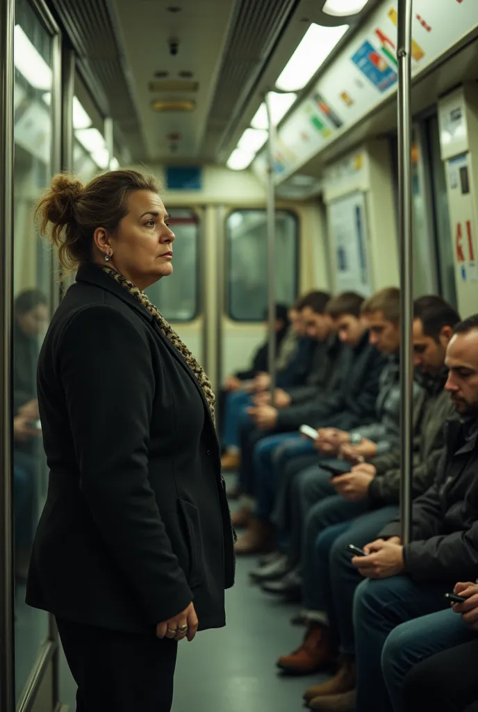 Prague Metro. Chubby mature women is overlooking smartphone of sitting men