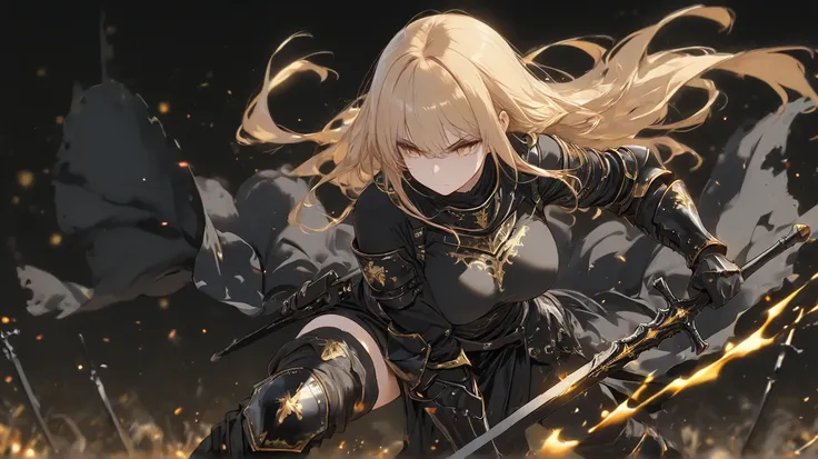 female 30 year old with long blond hair and gold eyes wearing medieval black gauntlets and boots and a black shirt while looking intimidating with a black sword in her hand, black background, high detail, high quality, best quality, masterpiece, 8k