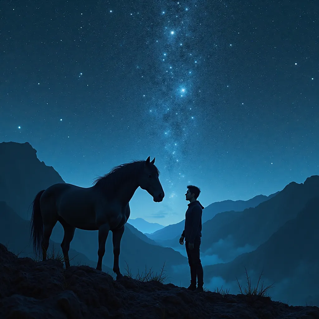 a man standing next to a wild dark mysterious horse in the dark on a clear night sky on a mountain in hawaii with amazingly bright stars so surreal that appear closer they than they are 