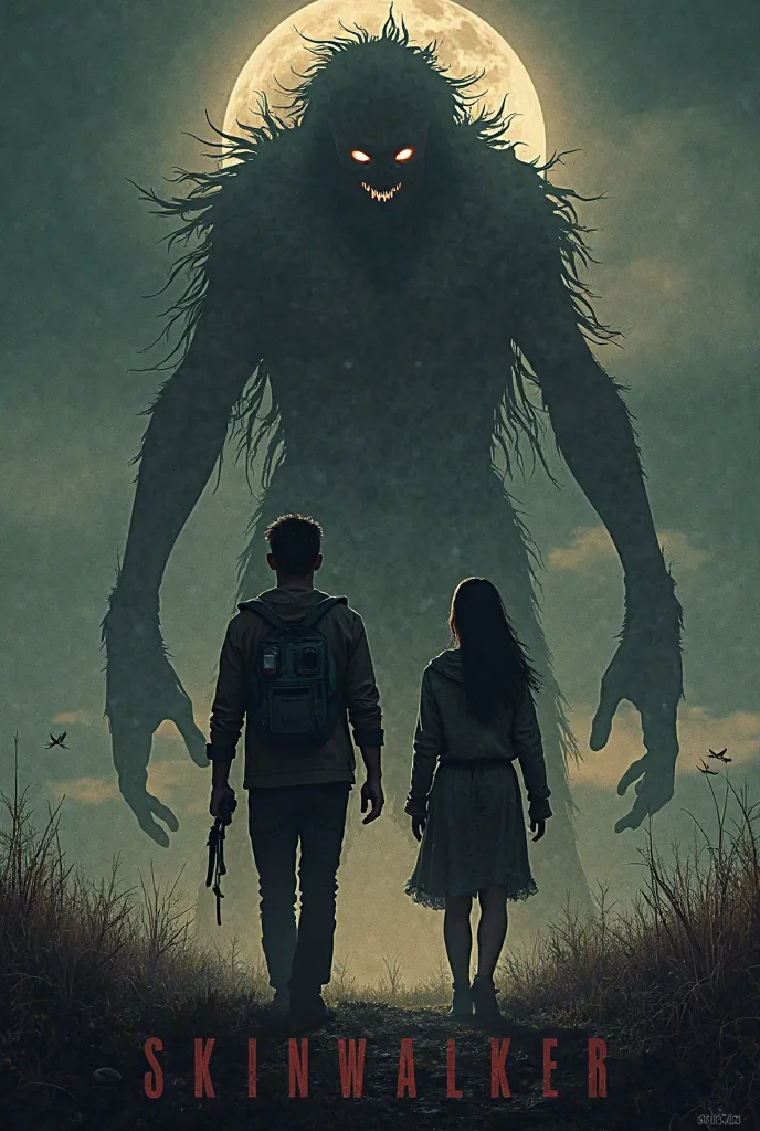 movie cover,  with the title. Nate (A 25 year old young man) and Nic ( An 18-year-old woman), A horror called Skinwalker
