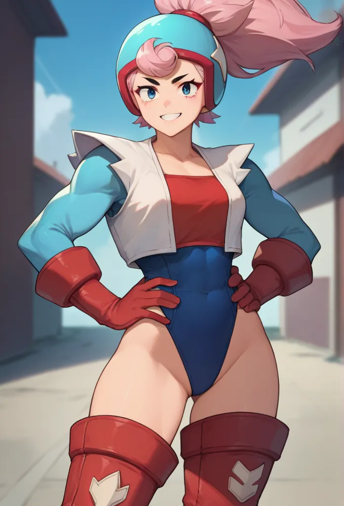 score_9, score_8_up, score_7_up, source_anime, solo, 1girl, bsjanet, smile, looking at viewer, hands on hips, ponytail, helmet,blue leotard, long sleeves, red gloves, thigh boots