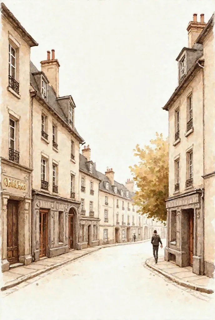 dessin Urban d'une rue a paris, minimalist watercolor style sepia ink sketch and wash 