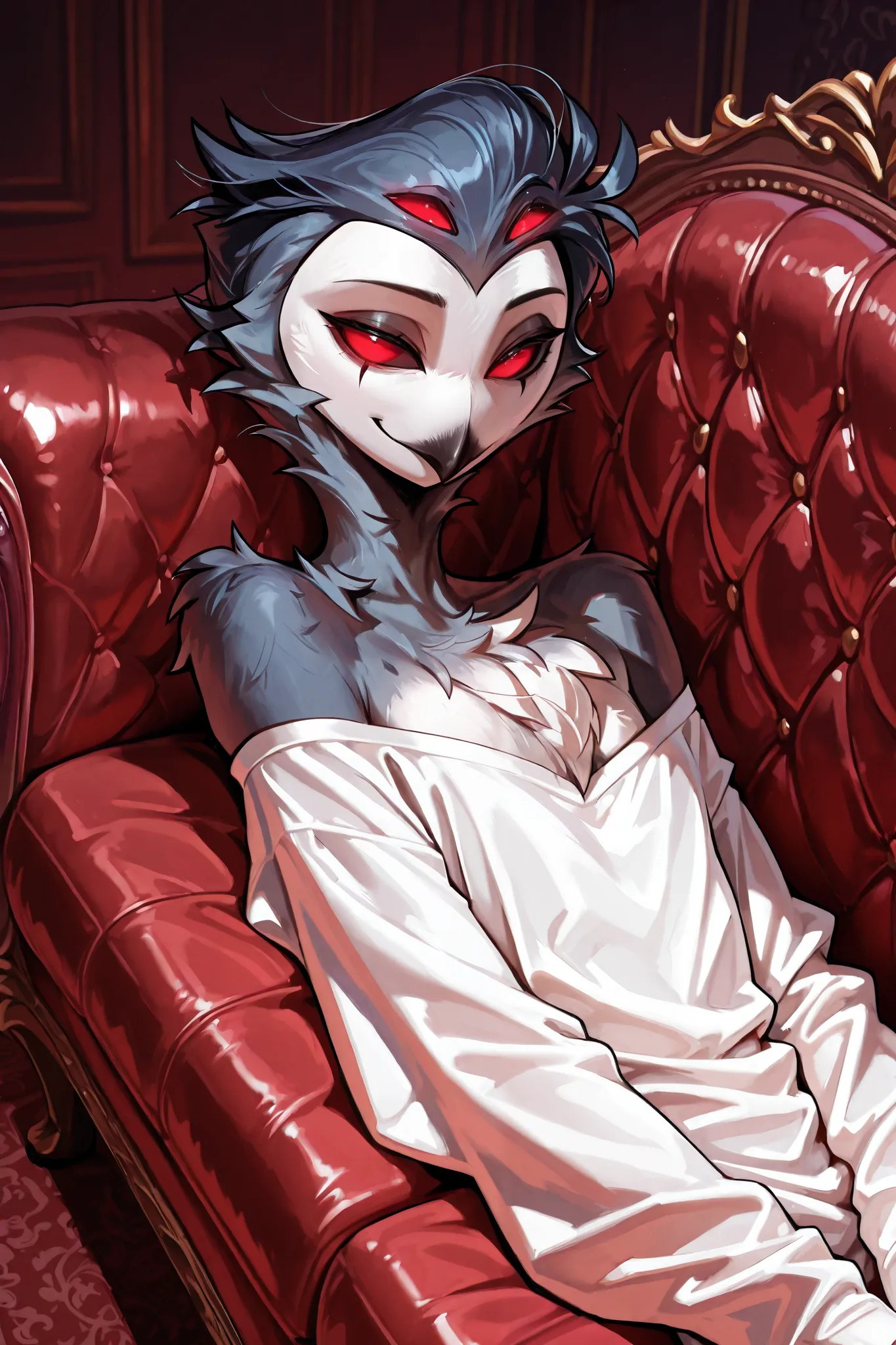 Masterpiece, newest, Stolas!fem, fur, anthro owl, two pairs of eyes, black beak, male, slender male, neck and chest tufts, lounging on a fancy red couch, soft smile, wearing only a large oversized white shirt, exposed shoulders,  solo