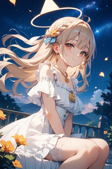 sitting in a triangle、one girl、white dress、are looking over here、Beige Hair、 orange eyes 、Night sky background