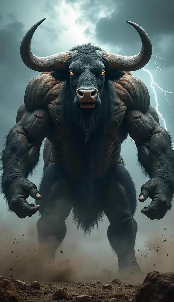 A hyper-realistic, monstrous wild bull with an enormous, bodybuilder physique, standing like a titan in a dark, stormy landscape. Its muscles are insanely defined, veins bulging as it radiates raw power. Its thick, battle-scarred hide is dark and rough, wi...