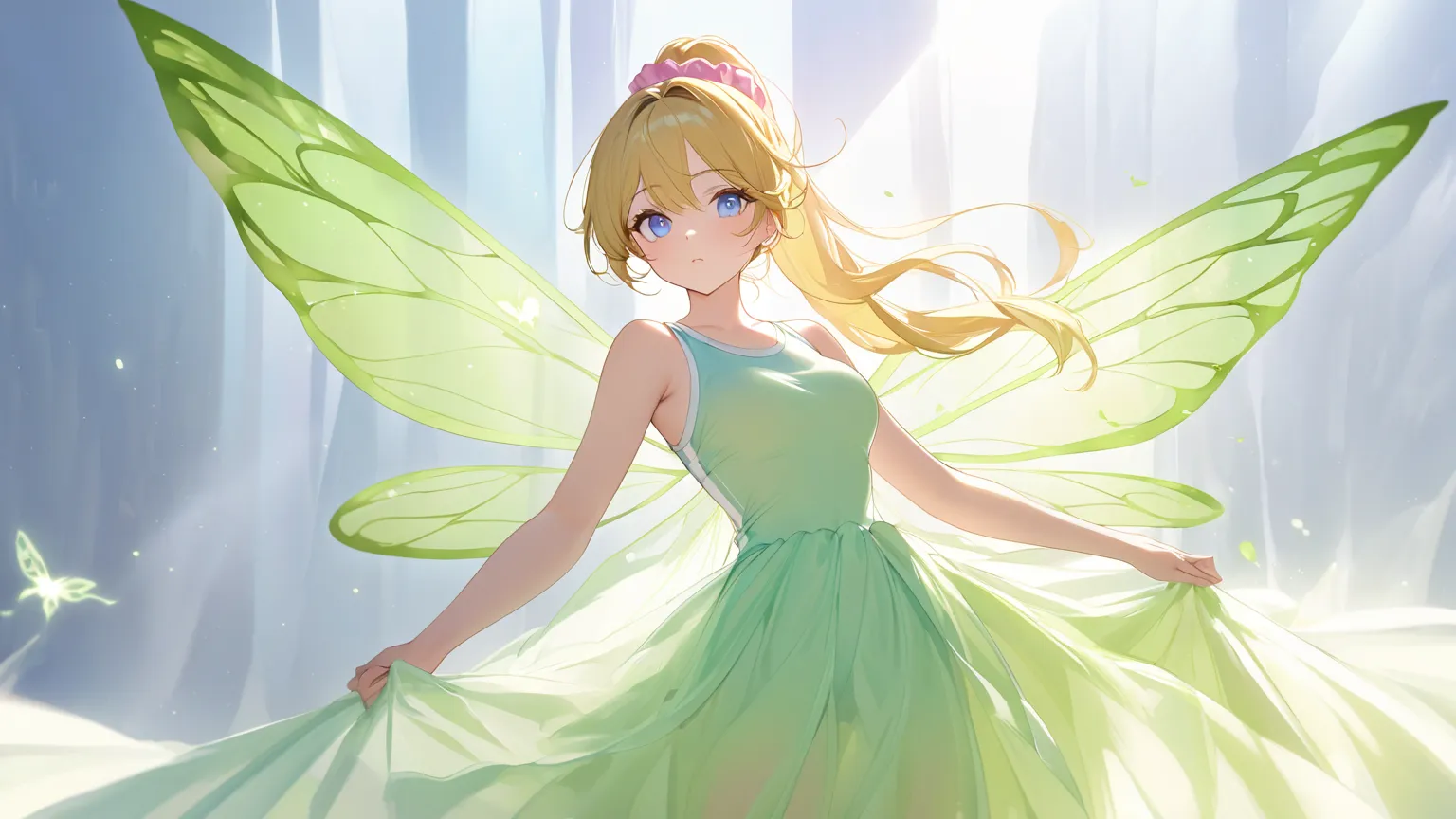 one girl，Big Breasts, golden hair，ponytail， pink scrunchie， gym clothes， background pure white, blue eyes、 fairy wings、Lime green dress