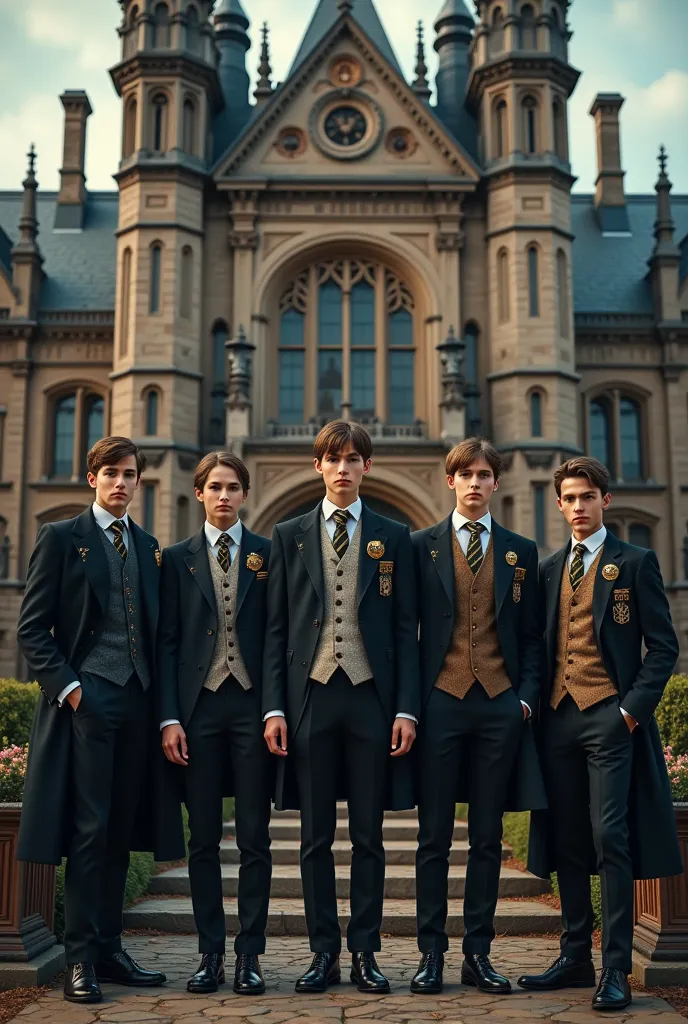 group photo, young men students, con uniformes de colegio Victorian steampunk, frente a colegio Victorian steampunk del siglo XIX, Gothic, Dark,  dark fantasy ,  hyperrealistic , 8K, full hd, steampunk, 19th century, Victorian, best quality, masterpiece, r...