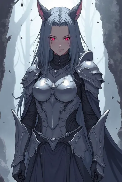 A woman who represents the hyena, She is big and very strong, fully muscular ,SHE HAS A HUGE AND STRONG BODY, She has pink eyes,She is the tallest character in the series and is very muscular. She has gray hair,She wears silver armor, She is 70 years old ....