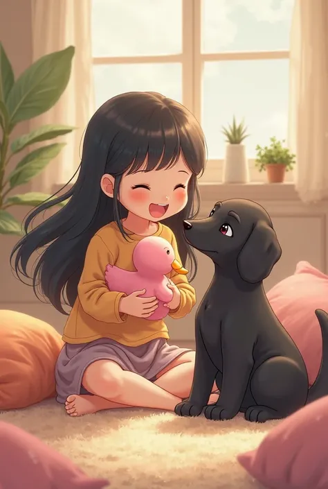 Create a girl with long black hair playing with a black turn-up dog, She's holding a pink plush duck, The dog is happy and excited, they are sitting on the floor amidst cushions