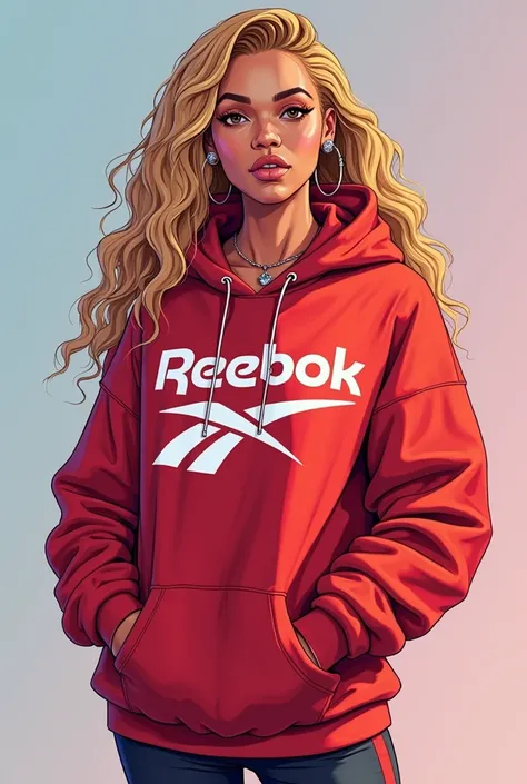 Illustration of Beyoncé wearing a red Reebok hoodie, full body--v 5.0, GTA 5 style illustration, cartoon, colorful, bright colors