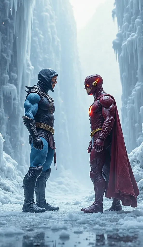  Mortal Kombat's sub-zero staring at the Marvel flash the two with full bodies in an ice arena 