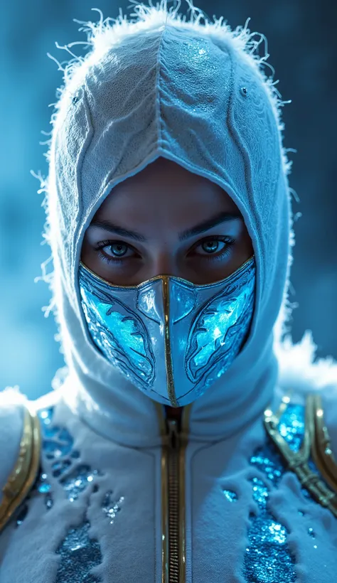 Here's a detailed prompt to generate a super realistic image of Margot Robbie as Frost, details with a white mask and shiny metallic blue and gold details, focused on the upper body: "Close-up hiper-realista da Emma Watson como Frost, the cryomating warrio...