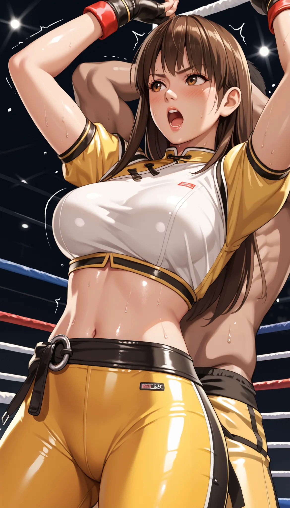 LeiFangDOA, brown hair, (long brown straight hair:1.4), shiny crop top, shiny yellow leggings, hip hang:1.5, groin:1.4, short sleeves, fingerless gloves, breasts, looking away, armpits, Man’s arms around her waist:1.8, Man attacks from behind:1.7, Attacked...