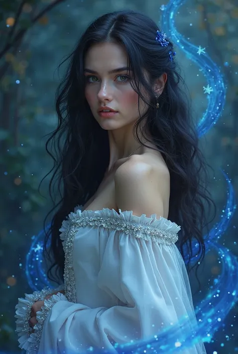 Woman 22 years old strong detailed sensual tall strong black hair with waves hazel eyes lightly flushed light skin small narrow delicate and angelic face, Look cold white and blue medieval princess-style dress conjuring dark blue magic without control powe...