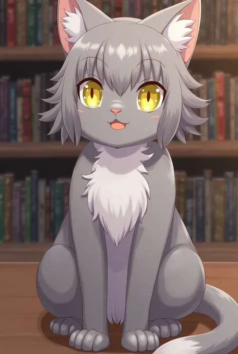 anime, , gray fur, yellow eyes, library background 