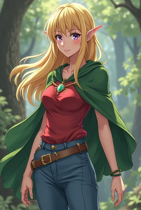 A female elf can also saver but doesn't use it because her magic medium is moderate she uses her ears are spiced she has blue pants and a green cape she has Normla big breasts and wears a T-shirt in red wears sandal hair color is blonde and she has purple ...