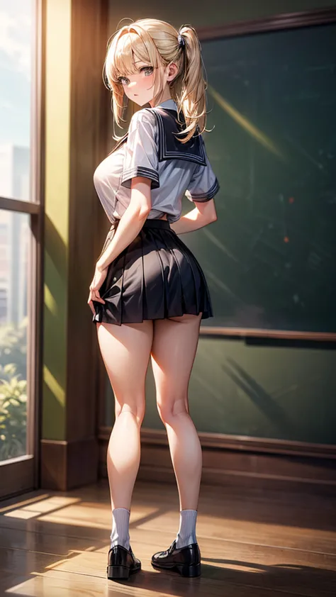 beautiful woman, blond hair,  gray eyes,  medium body, teacher big boobs, (maximum resolution 8k) Sexy schoolgirl outfit,  short black, image from behind, full body image.
