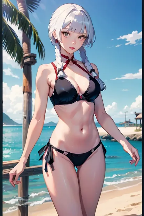 Anime girl, ((Ultra quality)), ((Masterpiece)), Meg, Paperman, (Black and white style), (Black and white film), ((Black, long hair)), (Beautiful cute face), (Beautiful feminine lips), Charming, ((Sexy facial expression)), Standing barefoot on the sand, loo...