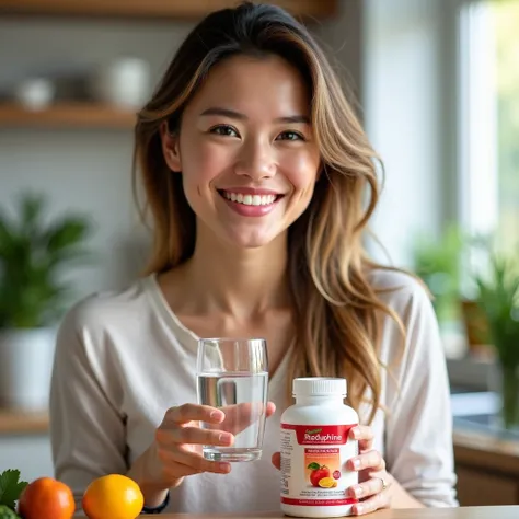 A young and confident woman, with radiant skin and natural smile, holding a glass of water next to a bottle of dietary supplement (Reduphine). She is in a clean and bright environment, with a cozy background , like a well-decorated kitchen or living room. ...