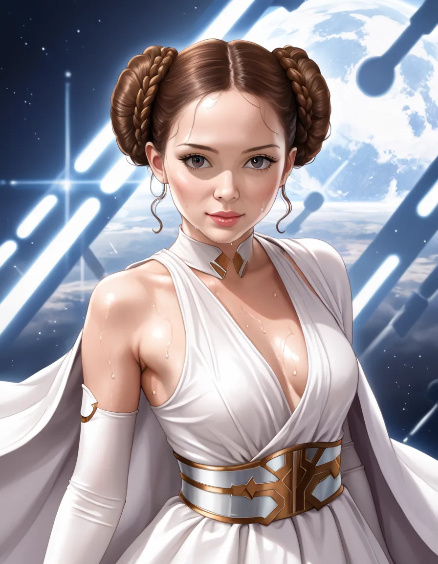  best quality, 1 girl, score_9_up, shiny body, smooth body , perfect body, sweaty, anime_source ,anime_style  , princess leia organa, star wars , sexy white dress, princess leia hair