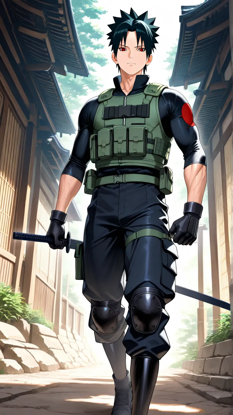  Background image,  Sasuke Uchiha ,  male background, 30s, strong, Muscular, "A detailed depiction of an elite shinobi from Leaf Village, dressed in a green tactical protective vest over a tight black uniform. Her long black hair protrudes upwards, giving ...