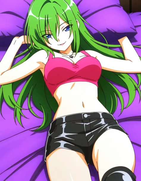 score_9, score_8_up, score_7_up, score_6_up, anime screencap, anime coloring, PMTyra, long hair, green hair, blue eyes, hair between eyes, eyes visible through hair, necklace, seductive smile, pink crop top, midriff, short shorts, black shorts, knee pads, ...