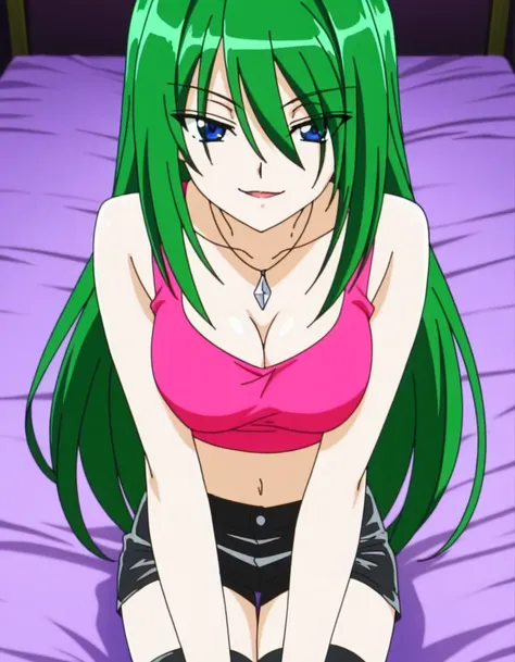 score_9, score_8_up, score_7_up, score_6_up, anime screencap, anime coloring, PMTyra, long hair, green hair, blue eyes, hair between eyes, eyes visible through hair, necklace, seductive smile, pink crop top, midriff, short shorts, black shorts, knee pads, ...