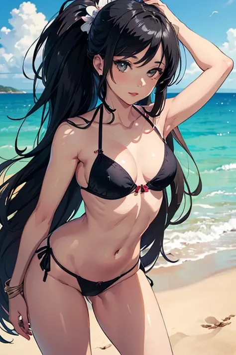 Anime girl, ((Ultra quality)), ((Masterpiece)), Meg, Paperman, (Black and white style), (Black and white film), ((Black, long hair)), (Beautiful cute face), (Beautiful feminine lips), Charming, ((Sexy facial expression)), Standing barefoot on the sand, loo...