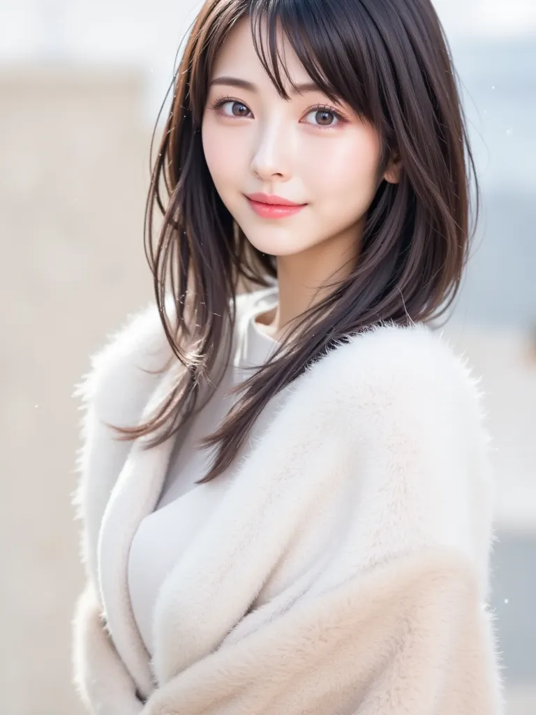 (A state where the face is accurately positioned in the center of the image: 1.5), (upper breast: 1.5), (is fully reflected: 1.5), (Face clearly visible: 1.2)、 (fur coat : 1.5), (A clear day with snow : 1.5), long hair、bangs, smile, young and cute japanese...