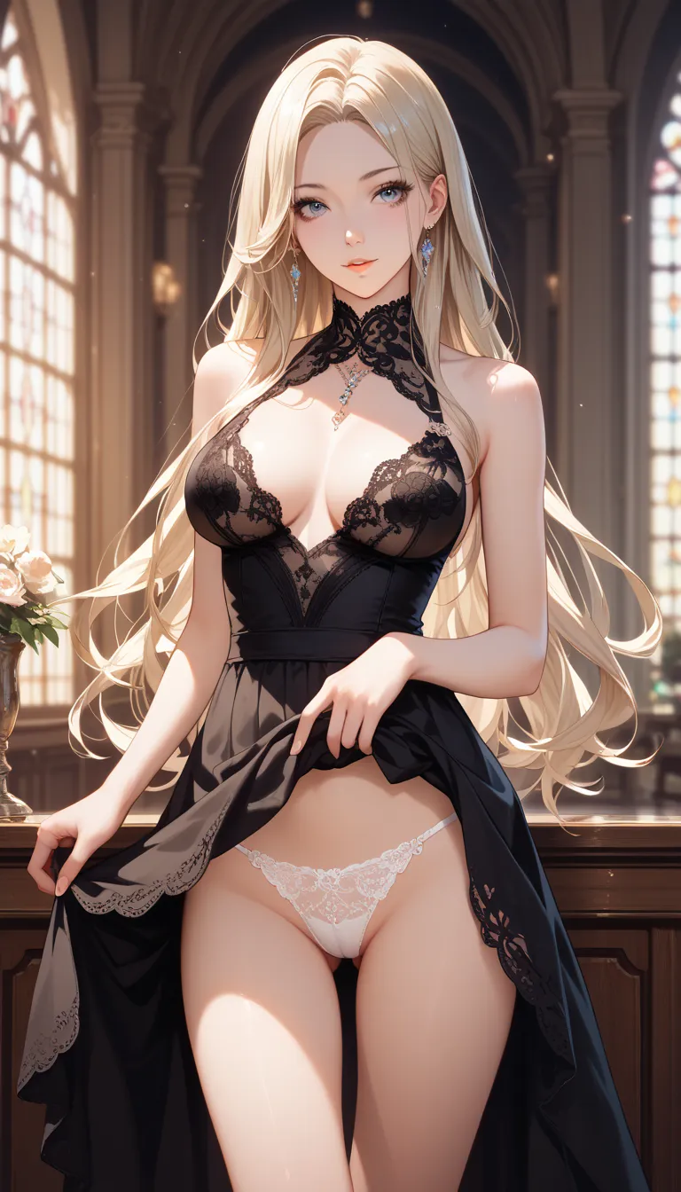 masterpiece, best quality, ultra-detailed, 8k, intricate details, わきDownを見せない, Down, no background, becomes transparent when you stare {x}, PE, front view, cowboy shot, perfect and beautiful face, beautiful breasts,  Read more, slim, blond long hair, parte...