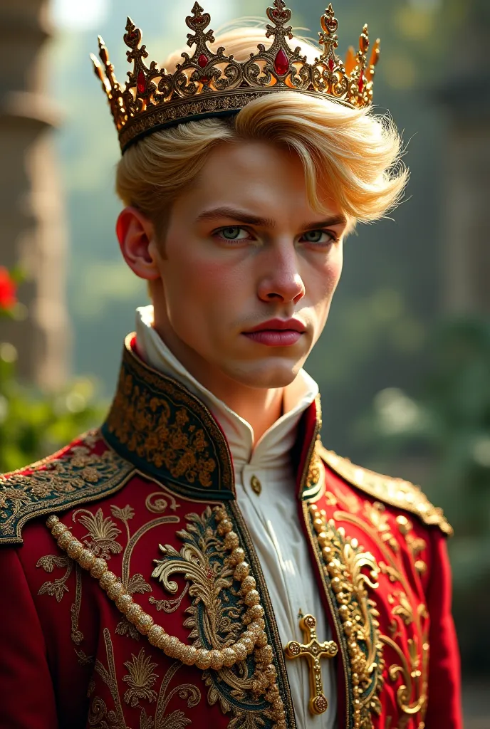 A handsome blond young man, a prince with a crown and an elegant and ornate princess suit.