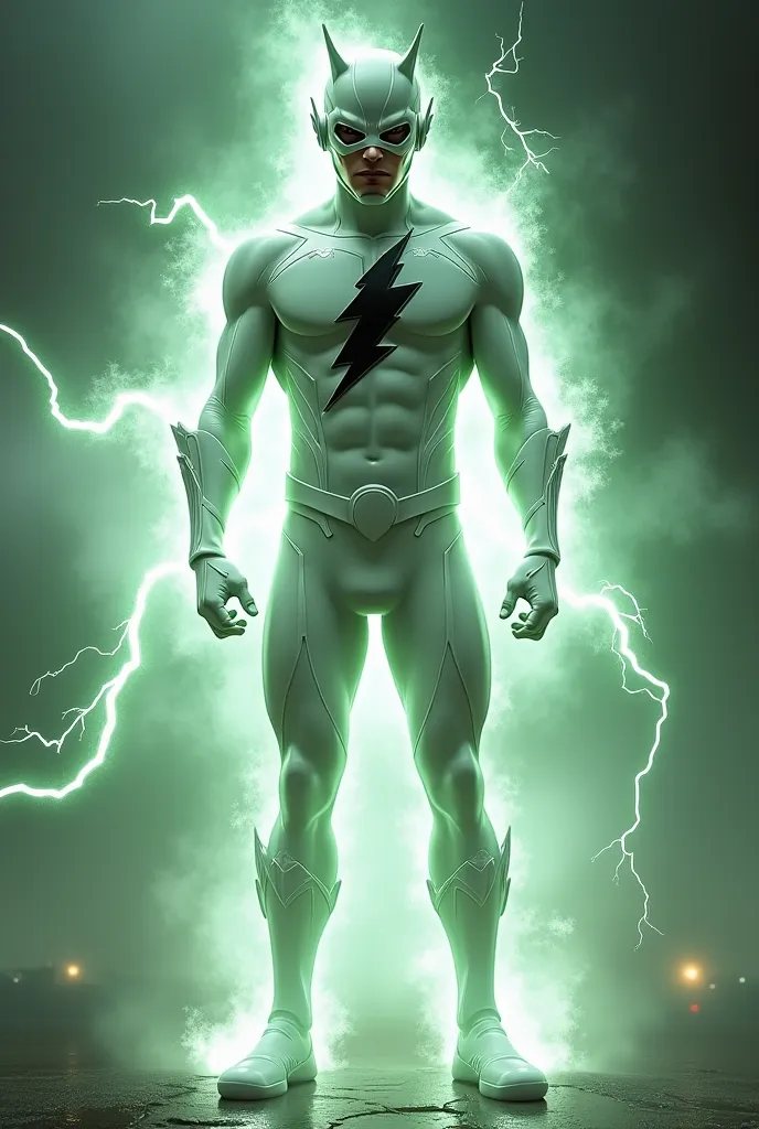 Can you make a young male well built superhero, in white full body uniform with the theme of a speedster. make a black thunderbolt as the superhero symbol and surround the hero in green lightning aura. make him similar to that of the speedster flash, but m...