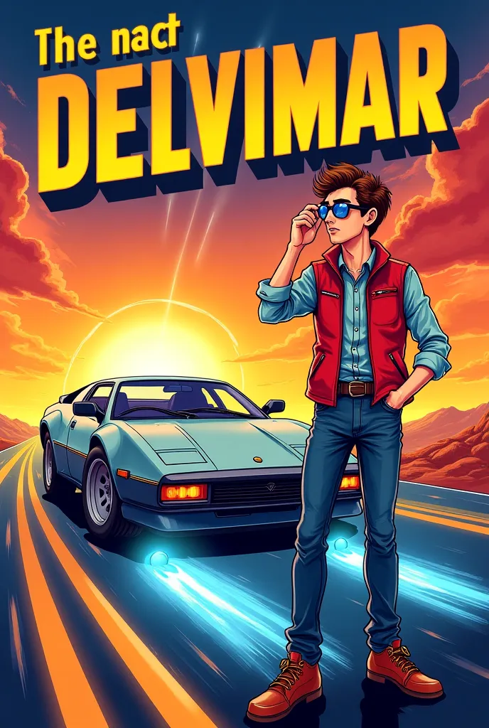 "A highly detailed and vibrant illustration in retro style from the 80s, inspired by classic movie posters. The scene depicts a young man with brown hair and a surprised expression, wearing a red vest over a shirt jeans and jeans, while holding his sunglas...