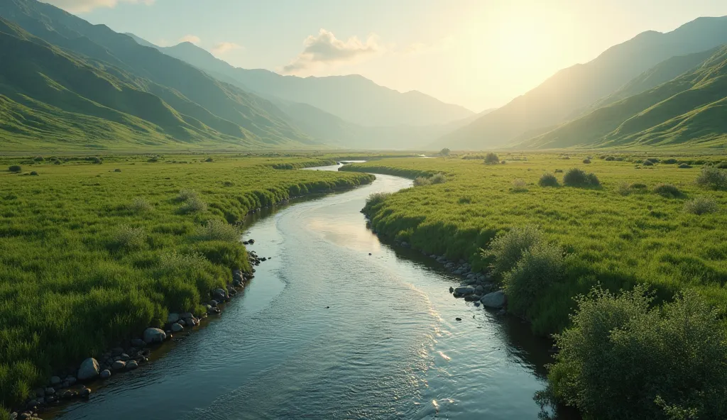 A breathtaking 4K scene of a peaceful river winding through a green valley, with rolling hills in the background and the soft light of dawn illuminating the scene. The texture of the water, the grass, and the sky should be ultra-realistic