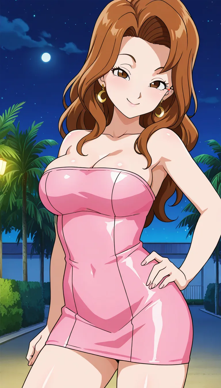 anime screencap, masterpiece, best quality, amazing quality, very aesthetic, absurdres,  newest, 
valese, official style, 1girl, solo, brown hair, wavy hair, long hair, brown eyes, earrings, cleavage, upper body, looking at viewer, bare shoulders, smile, h...